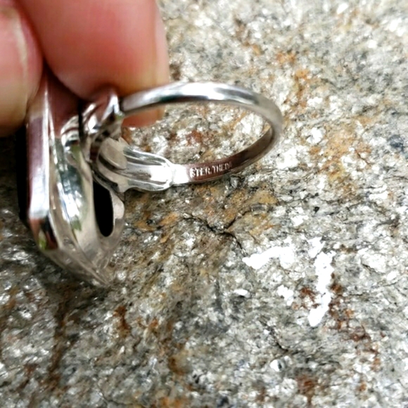 Art Deco Onyx Marcasite Cab Sterling Silver Ring - Picture 6 of 7